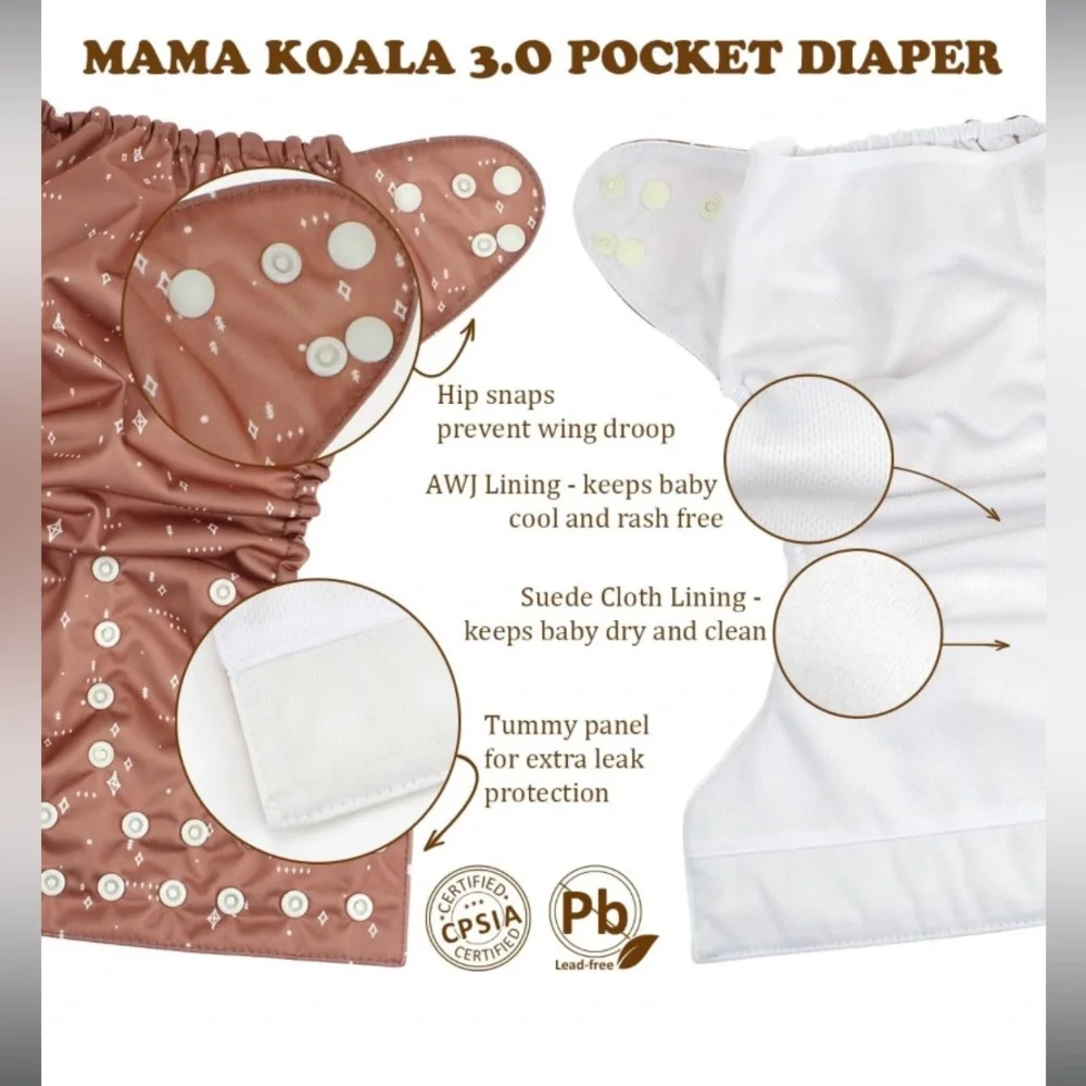 Mama Koala 3.0 Cloth Diapers for Babies with AWJ Lining, 6 Pack with 12 5-Layer